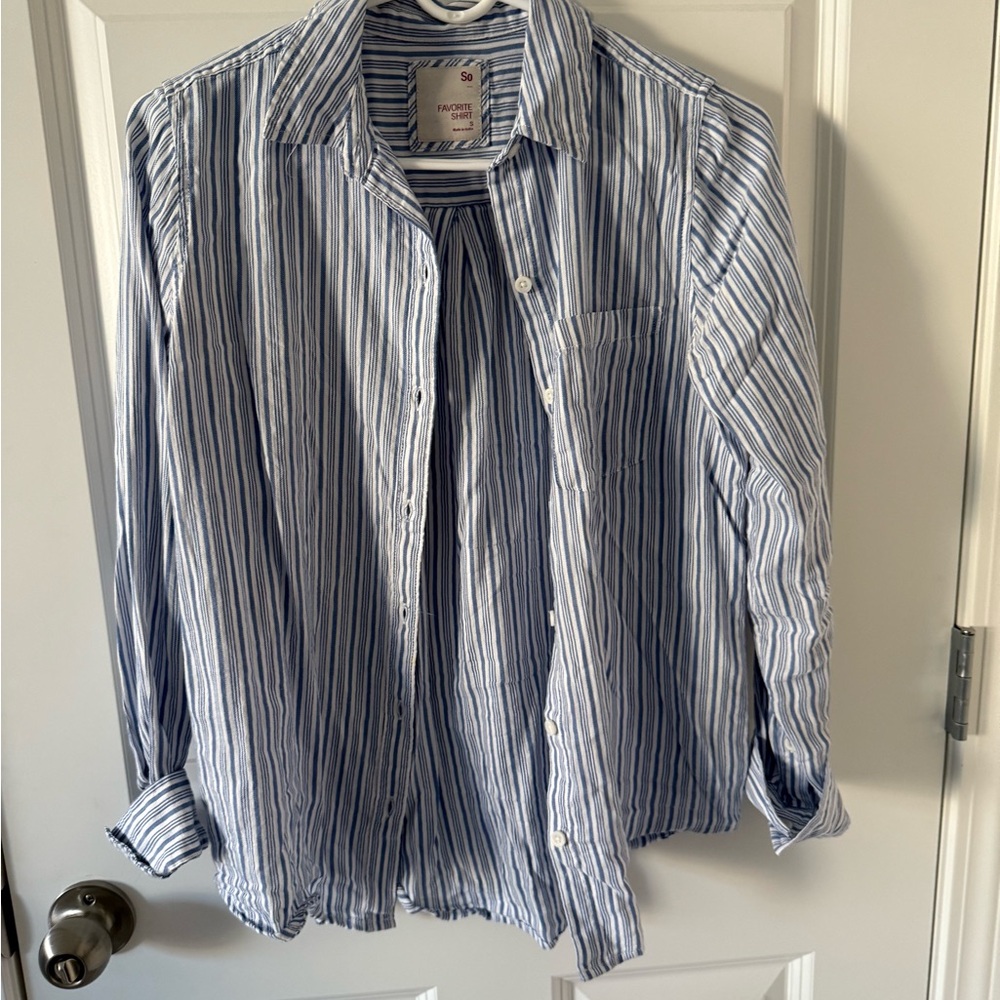 SO Women's Blue and White Striped Button Down Shirt